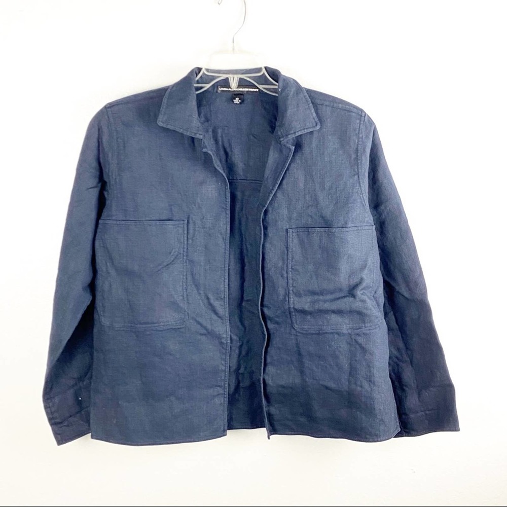 LINDA ALLARD Ellen Tracy Navy Linen Blend Double Chest Pockets Jacket, Size 12